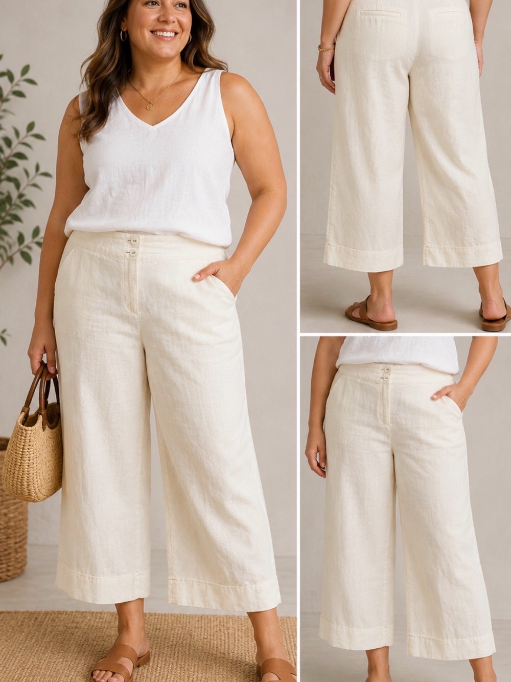 J. Jill Wide-Leg Cropped Linen Blend Pants in Cream